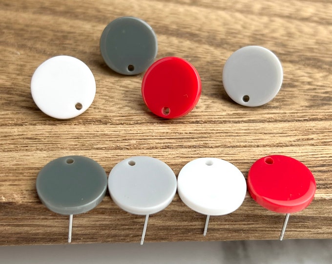 12 Acrylic 14mm Round Circle Stud Post Red, White, Gray Earrings & Backs Connector Loop Hole Dangle Style Earring Findings Jewelry Making