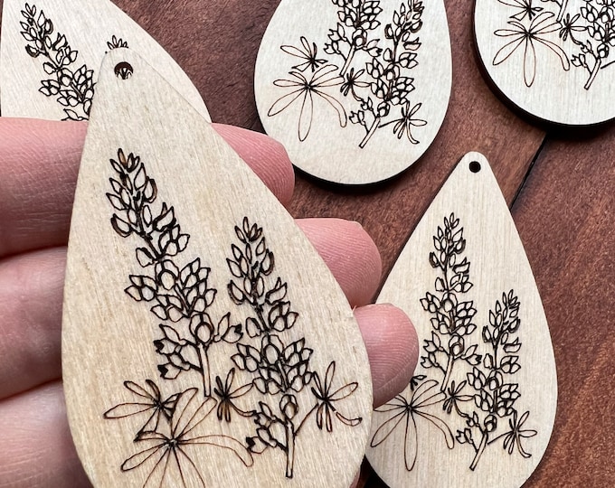 Texas Bluebonnet Unfinished Wood Wooden Teardrop Earrings Jewelry Blanks Ornaments Charms Crafts