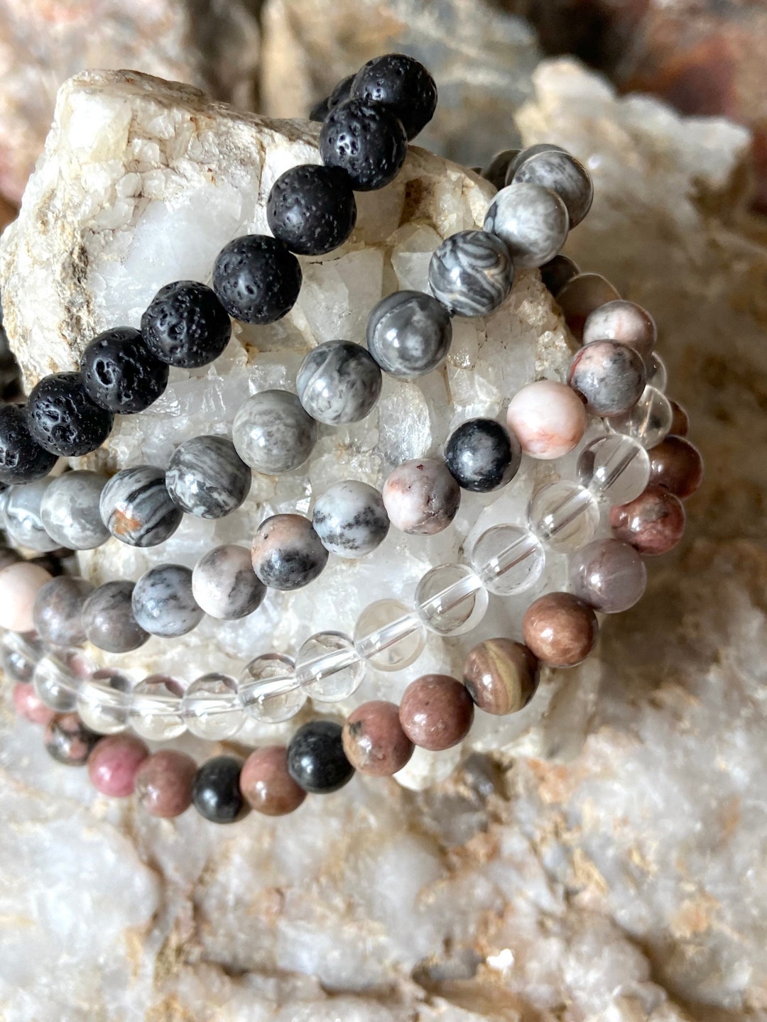 Set 5 Gemstone Pink Rhodonite, Gray Jasper, Zebra Jasper, Clear Glass ...