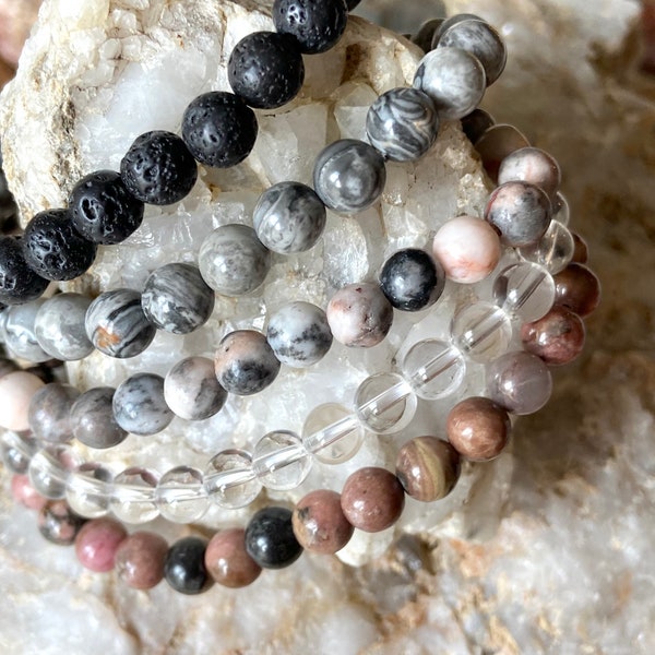 Set 5 Gemstone Pink Rhodonite, Gray Jasper, Zebra Jasper, Clear Glass Beads Beaded Stretch Stretchy Stack Stacking Bracelets 6mm & 8mm