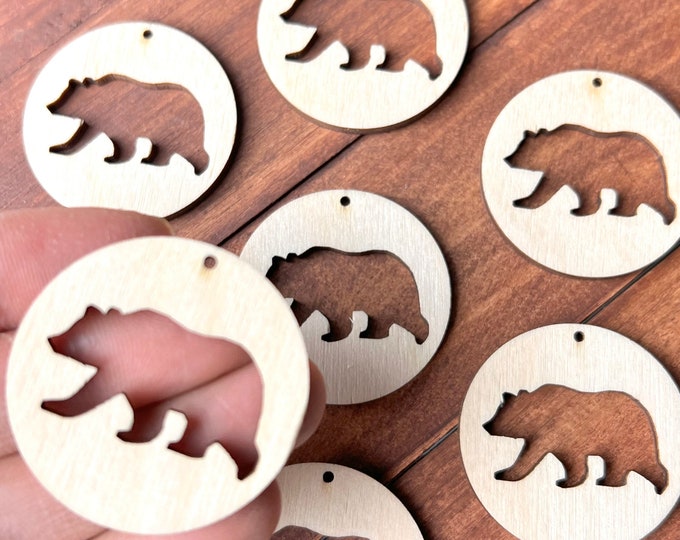 ALL SIZES BULK (12pc to 100pc) Unfinished Wood Laser Cutout Bear Round Hoop Earrings Jewelry Blanks w/Connector Holes Ornaments Texas Made