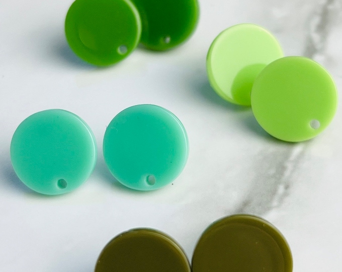 12 Acrylic 14mm Round Circle Stud Post Solid Color Green Earrings & Backs Connector Loop Holes Dangle Style Earring Findings Jewelry Making