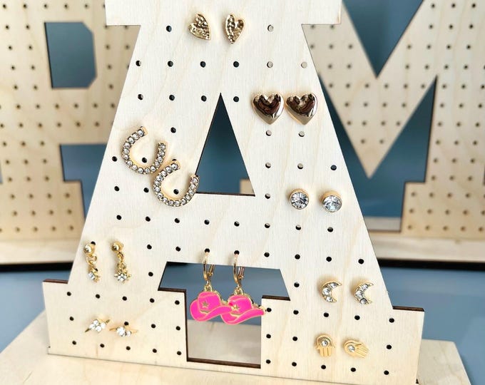 Personalized Wood Letter Earring Holder, Earring Organizer Stand