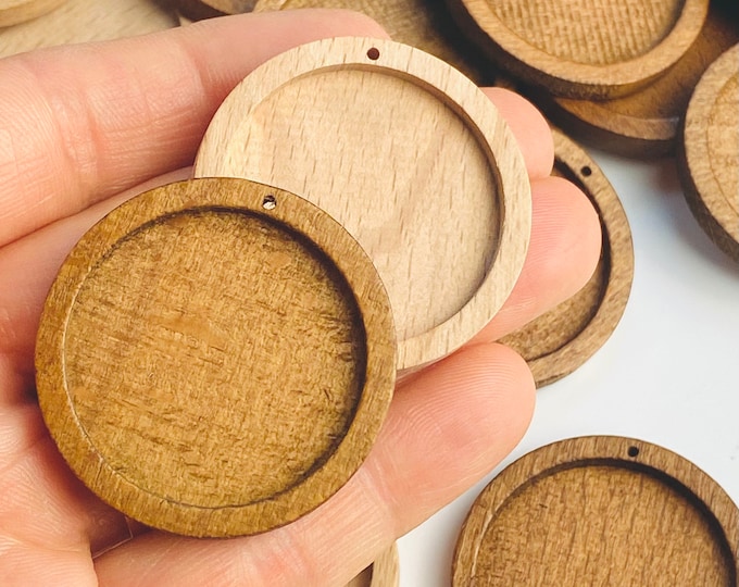 Clearance 1.5” or 2” Light or Dark 12 pcs Wood Hoop Round Circle Bezel Cabochon Pendant Tray Insert Cutout Earring Jewelry Blanks Charms