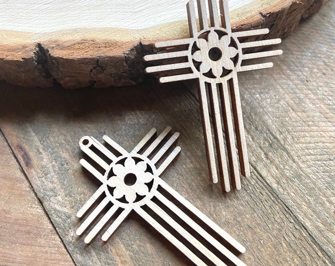 12pc to 24pc Unfinished Wood Long Zia Flower New Mexico Sun Symbol Earrings Cutout Hanging Charm Jewelry Blanks Crafts Made in Texas