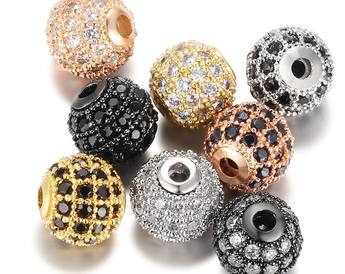 Lot of 5 CZ Beads CHOOSE COLOR Round Ball Brass Metal Micro Pave Crystal Zirconia Space Beads Jewelry Bracelet Necklace Making  Crafts