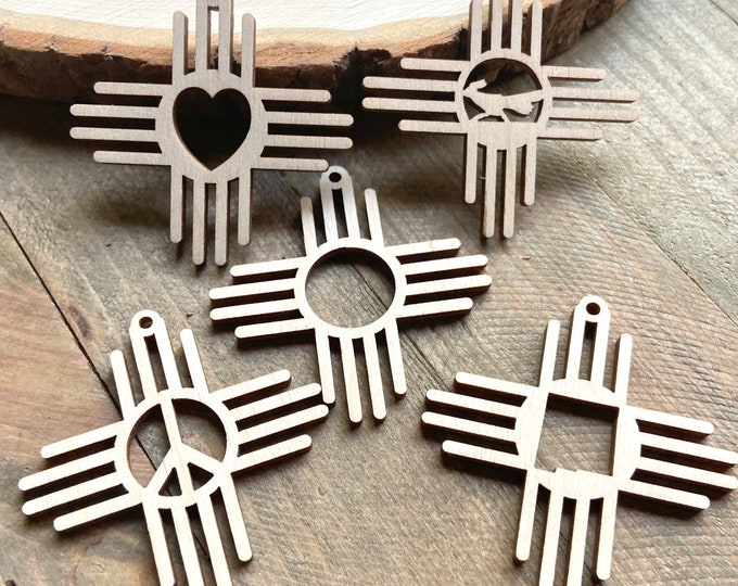 10 Piece Set Unfinished Wood Zia New Mexico Sun Symbol Earring Cutout Hanging Charm Ornament Jewelry Blanks Shapes Crafts Made in Texas