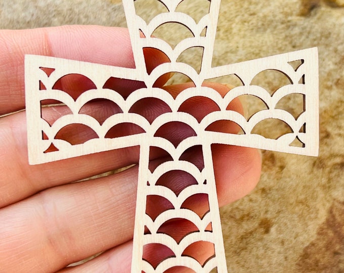 6 Pieces Unfinished Wood Scallop Cutout Cross Hanging Charm Ornament Earrings Jewelry Pendant Blanks Shape Crafts Made in Texas