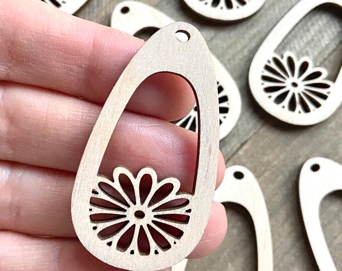 BULK (12pc to 100pc) Unfinished Wood Oval Hoop with Daisy Flower Cutout Dangle Earrings Jewelry Blanks Shape Crafts Texas Made