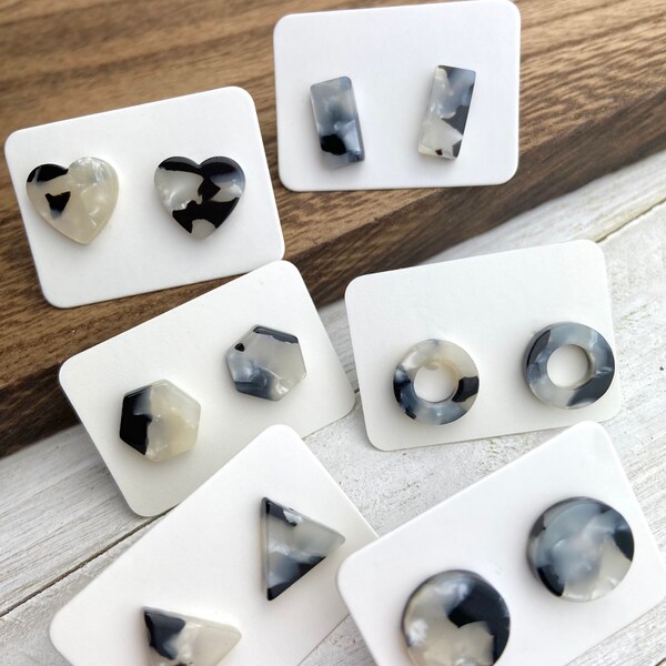 6 Pairs 12mm Black & WhIte Acrylic Resin Stud Post Minimalist Geometric Earrings Rectangle Bar-Triangle-Open Circle-Hexagon-Heart-Round