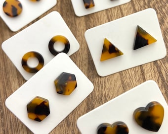 6 Pairs 12mm Brown Tortoise Acrylic Resin Stud Post Minimalist Earrings Rectangle Bar-Triangle-Open Circle-Hexagon-Heart-Round Disc
