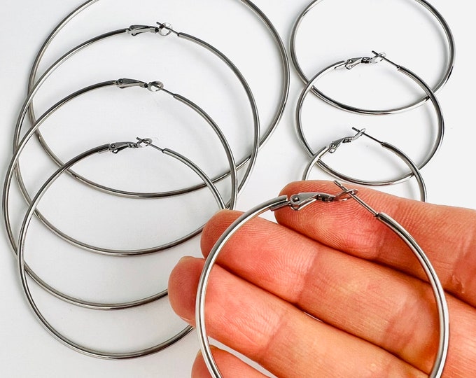 12pcs Lever Back Hoops All Sizes Avail. Silver or Gold Stainless Steel Round Earring Making Findings Supplies