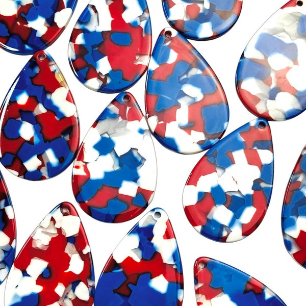 6 Acrylic 1.5” or 2” Teardrop Red White Blue Patriotic American Beads Charms with Connector Loop Hole Earring Findings Jewelry Making Crafts