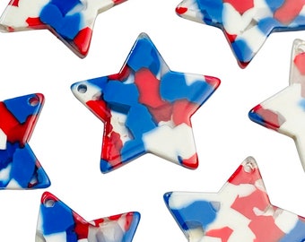 12 pieces Acrylic 1” or 1.25” Star Stars White Blue Patriotic American Beads Charms w/ Connector Loop Hole Earring Findings Jewelry Making