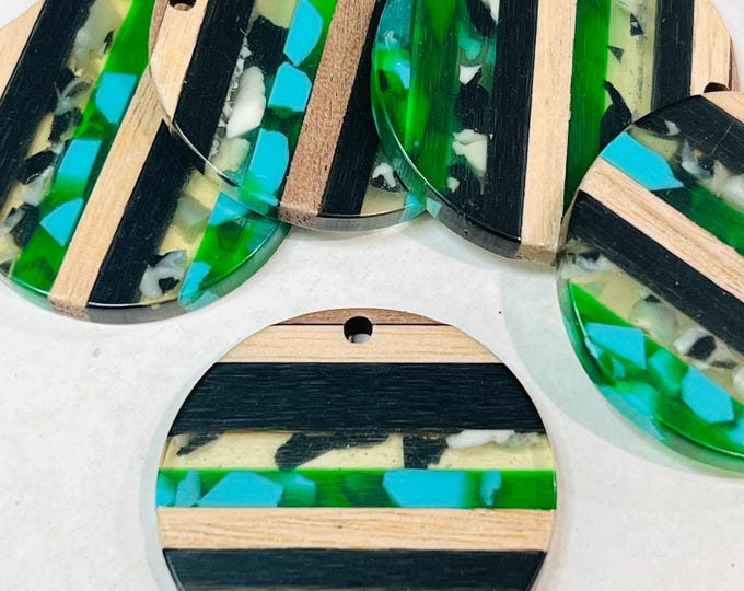Clearance 10pcs Resin and Wood Striped Green Black Blue 30mm Round Beads Charms w/ Connector Holes Earrings Earring Findings Jewelry Making