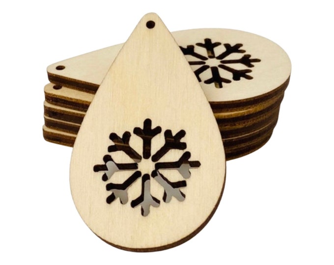 ALL SIZES BULK (12pc to 100pc)D Unfinished Wood Laser Cutout Winter Snowflake Teardrop Earring Jewelry Blanks Shape Crafts Made in Texas