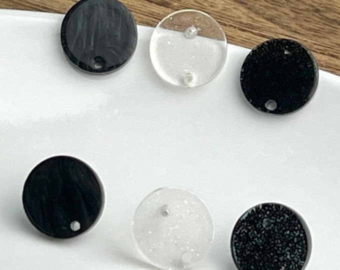 12 Acrylic 14mm Round Circle Stud Post Black Glitter or Ripple Earrings & Backs Connector Loop Hole Dangle Earring Findings Jewelry Making