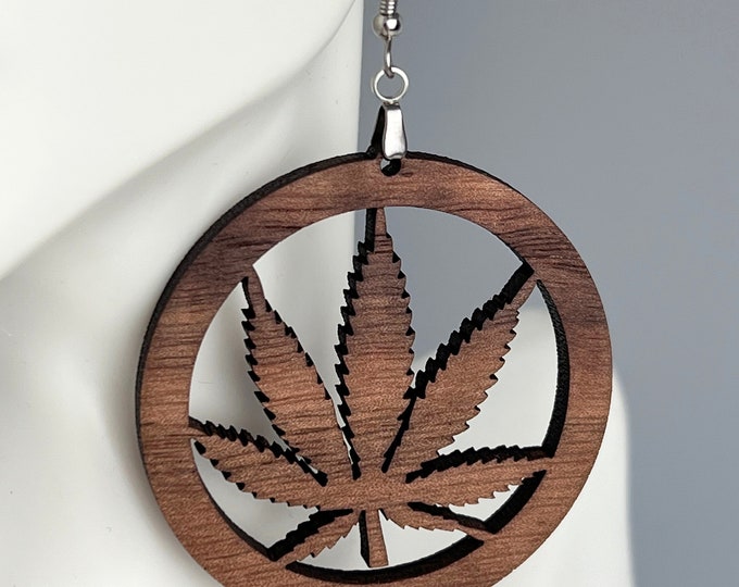 Handmade Walnut Wood Wooden Marijuana Pot Leaf Cutout Earrings Pair