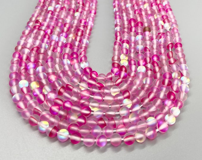 Matte Pink Rainbow Iridescent Quartz Glass Mystic Aura  Mermaid 6 mm 8 mm  Beads Necklace,Bracelets,Jewelry Earring Crafting 6mm 8mm