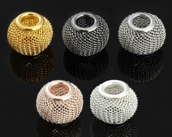 SET of 5 - ALL COLORS Mesh Metal Hollow Big Hole Beads Round 10mm x 12mm Spacer Loose Beads Necklace,Bracelet,Earring Jewelry Crafts