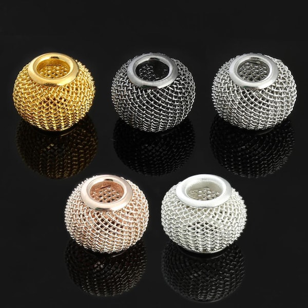 SET of 5 - ALL COLORS Mesh Metal Hollow Big Hole Beads Round 10mm x 12mm Spacer Loose Beads Necklace,Bracelet,Earring Jewelry Crafts