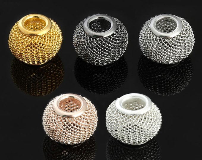 SET of 5 - ALL COLORS Mesh Metal Hollow Big Hole Beads Round 10mm x 12mm Spacer Loose Beads Necklace,Bracelet,Earring Jewelry Crafts