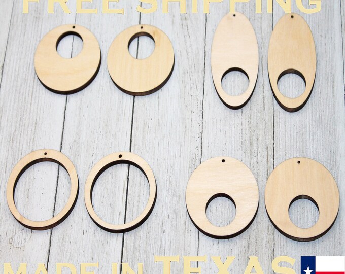 BULK (12pc to 100pc) Unfinished Wood Laser Cutout Dangle Earring Jewelry Blanks Shape Crafts Made in Texas