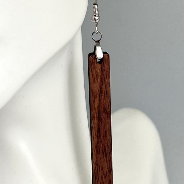 Handmade Walnut Wood Wooden Bar Rectangle Matchstick Earrings Pair