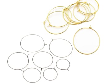 48pcs Gold or Silver Stainless Steel Earrings Ear Wires Findings Hoops or Wine Glass Rings Markers 15mm,20mm,25mm,30mm,35mm,40mm,45mm,50mm