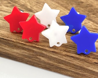 12 Acrylic 12mm or 14mm Star Stud Post Red White Blue Patriotic Earrings & Backs Connector Loop Holes Dangle Earring Findings Jewelry Making