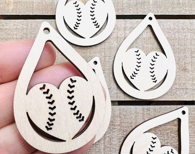 ALL SIZES BULK (12pc to 24pc) Unfinished Wood Baseball Heart Earrings Jewelry Blanks Painting Crafts Made in Texas