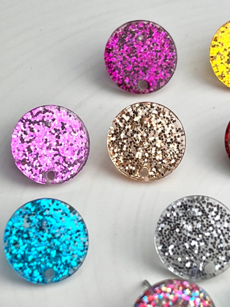 Glitter Studs 14mm Earrings 12pcs Earrings & Backs w/Connector Loop Holes Earring Findings Gold Silver Green Red Rainbow Pink Blue Yellow image 5