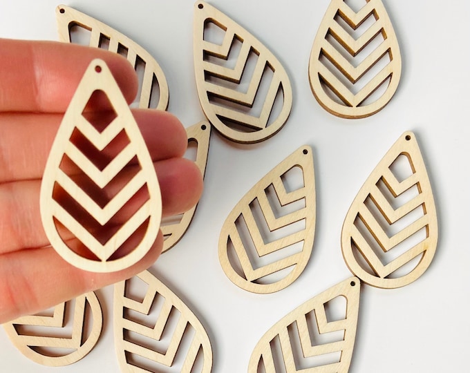BULK (12pc to 100pc) Unfinished Wood Wooden TearDrop Chevron Cutout Hanging Dangle Earring Earrings Jewelry Blanks Made in Texas