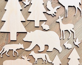 17-Pack Birch Plywood Forest Creatures Bear, Deer,Squirrel,Rabbit,Pine Trees, Laser Unfinished Wood Cutout Crafts Shapes Ready to Paint