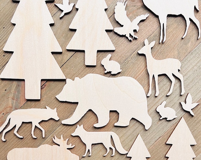 17-Pack Birch Plywood Forest Creatures Bear, Deer,Squirrel,Rabbit,Pine Trees, Laser Unfinished Wood Cutout Crafts Shapes Ready to Paint