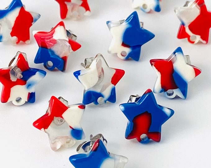 12 Acrylic 12mm Star Stud Post Red White Blue Patriotic Earrings & Backs Connector Loop Holes Dangle Style Earring Findings Jewelry Making