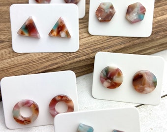 6 Pairs 12mm Brown-Pink Mix Acrylic Resin Stud Post Minimalist Geometric Earrings Rectangle Bar-Triangle-Open Circle-Hexagon-Heart-Round