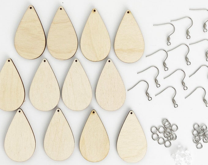 12pc Wood Teardrop Blanks 1.5" Tear Drop Earrings & 12 Stainless Steel Fish French Hooks w/ 24 Jump Rings and 12 Ear Backs Complete Kit
