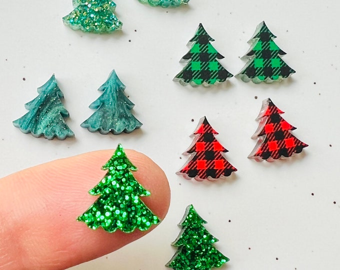 Glitter or Buffalo Plaid Christmas Tree Stud Blanks, Acrylic Glitter Christmas Earring Making Supplies Blanks