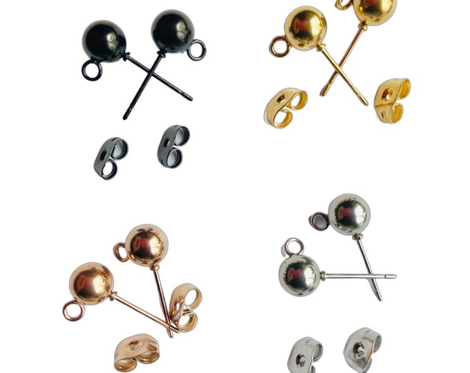 8 or 12pcs Gold, Silver, Black, Rose Gold Stainless Steel Stud Post Ball Pin Loop Connector W/Backs 3mm,4mm,5mm,6mm Earrings Earring Jewelry