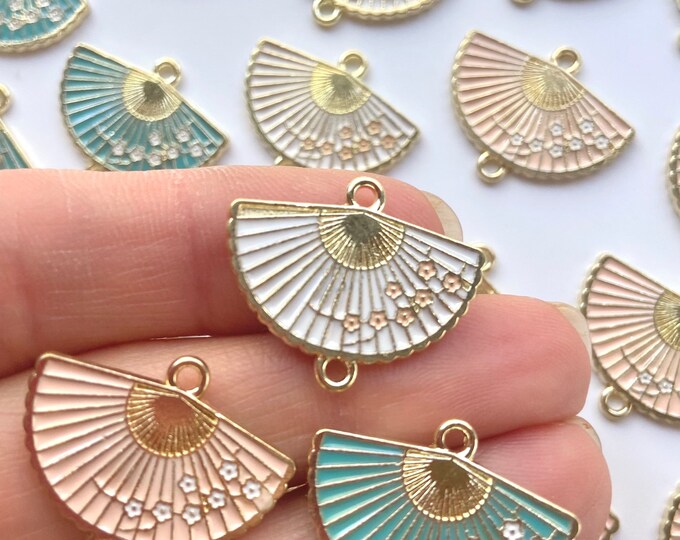 Clearance Imperfect 12 Pieces 19x24mm Gold & Enamel Fan Charms White, Pink, or Blue/Green with Connector Holes Earrings Earring Findings