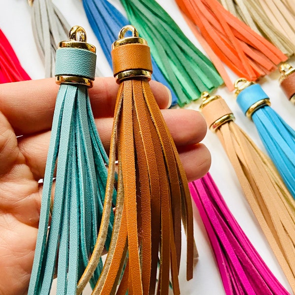 Set of 6 Faux Leather Tassel Tassels 4.5” w/Connector Loops Attached Great for DIY Crafts, Bead Garlands, Keychains and Purse Tassels