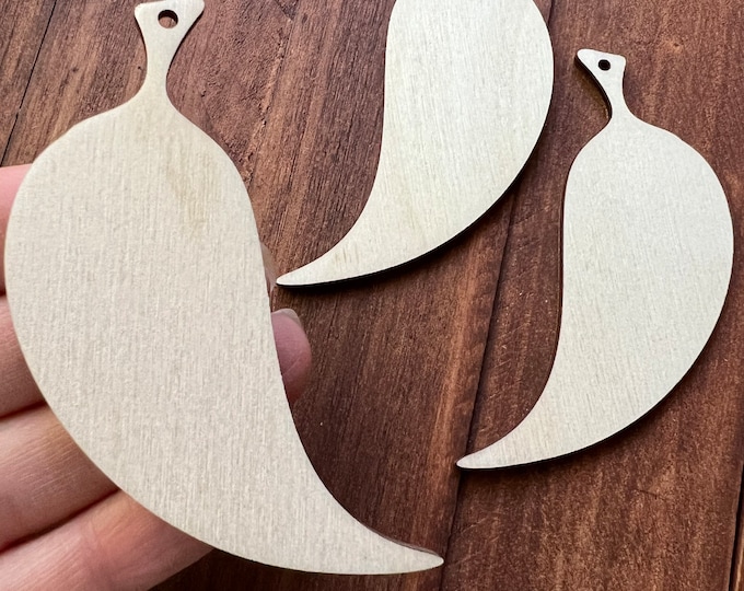 ALL SIZES BULK (12pc to 24pc) Unfinished Wood Laser Cutout Solid Chili Pepper Earring Jewelry Ornament Blanks Shape Crafts Made in Texas