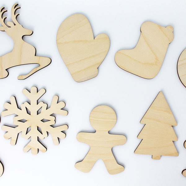 Christmas Unfinished Wood Cutout Shapes Crafts ALL SIZES Reindeer, Mitten, Stocking, Ornament,Candy Cane,Snowflake,Gingerbread Man,Xmas Tree
