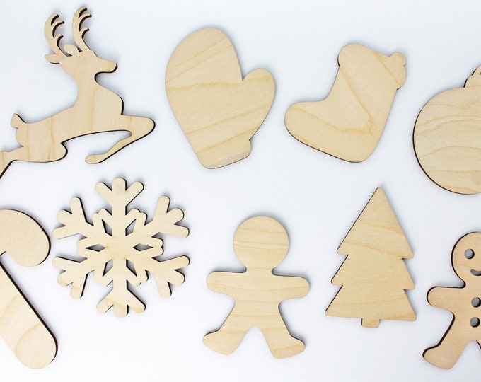 Christmas Unfinished Wood Cutout Shapes Crafts ALL SIZES Reindeer, Mitten, Stocking, Ornament,Candy Cane,Snowflake,Gingerbread Man,Xmas Tree