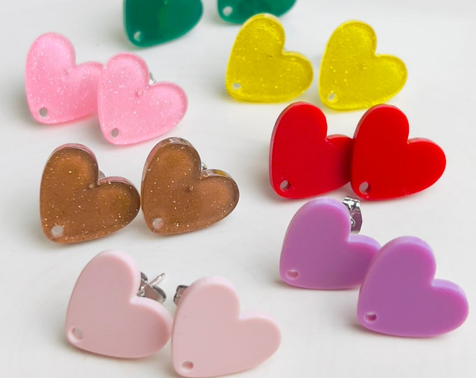 12 Acrylic 14mm x 15mm Heart Stud Post Earrings w/ Backs Connector Loop Holes Dangle Earring Findings Jewelry Making