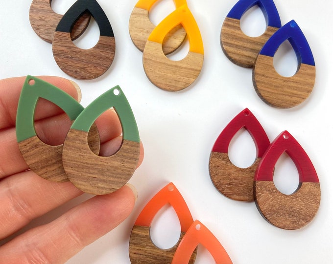 Clearance 10pc Resin & Wood 1.5” Teardrop Hoops Beads Charms with Connector Loop Holes Earrings Earring Findings Jewelry Making Craft