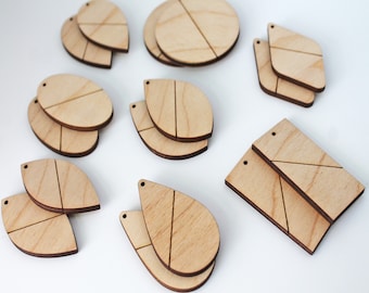 16 Unfinished Wood Laser Cutout Half Line Earring Earrings Jewelry Solid Blanks Shape Crafts Made in Texas Teardrop,Diamond,Rectangle ++