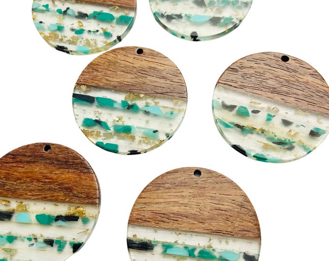 Clearance 10 Pieces Acrylic & Wood 38mm Blue,Green, Black, Gold Foil Round Hoop Shape Beads Charms w/ Connector Holes Earring Making