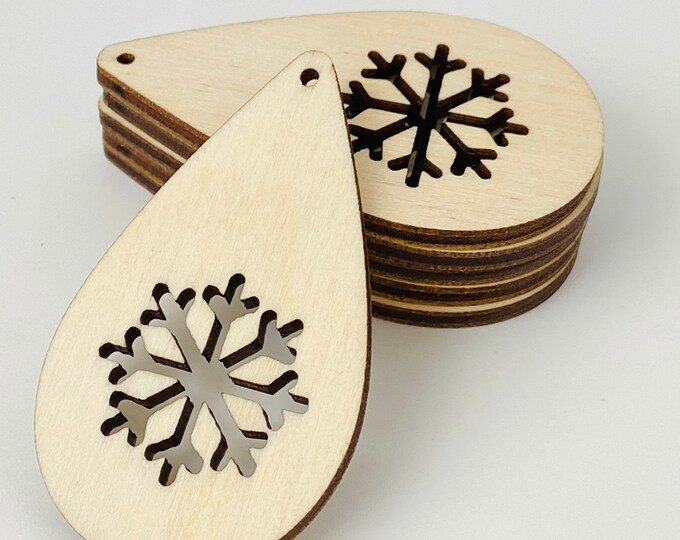 ALL SIZES BULK (12pc to 100pc)C Unfinished Wood Laser Cutout Winter Snowflake Teardrop Earring Jewelry Blanks Shape Crafts Made in Texas